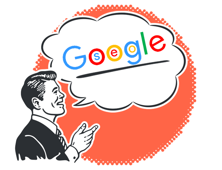 Man with a speech bubble containing the Google symbol