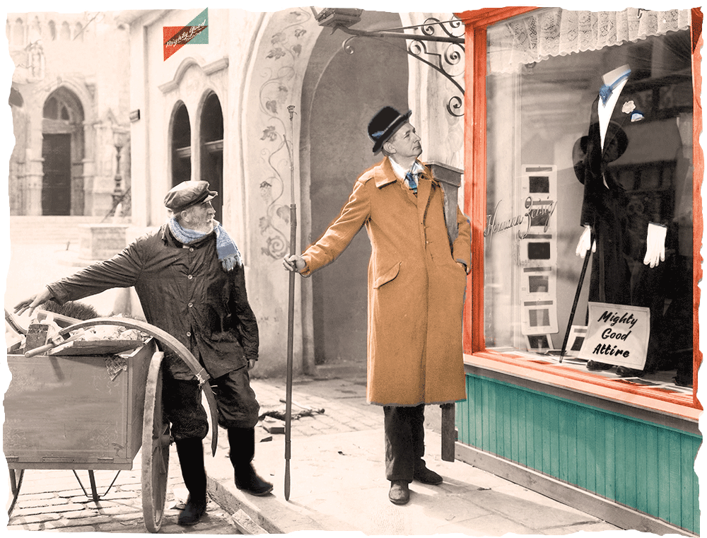 Illustration of two men in front of a store window display