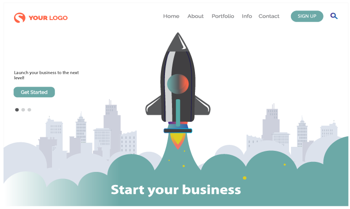 Homepage mockup with navigation bar and rocket graphic