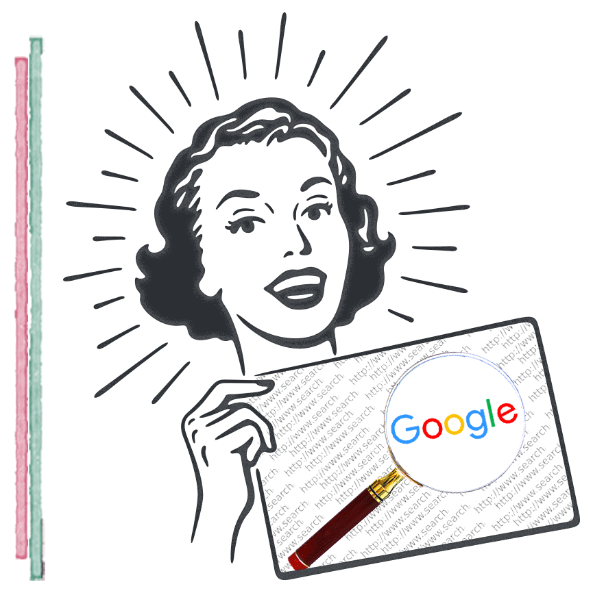 Vintage woman holding a tablet with Google under a magnifying glass