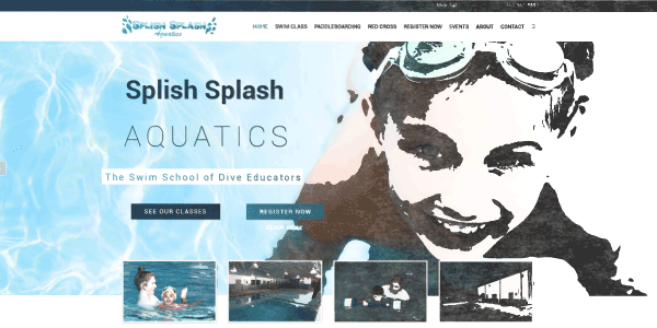 homepage with boy swimming in a pool.