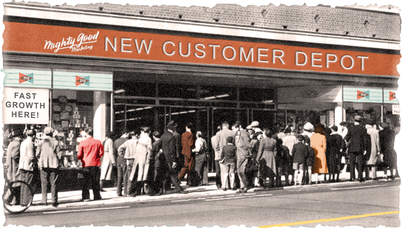 Department store front crowded with customers outside